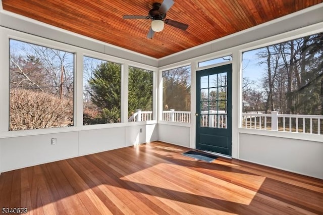 unfurnished sunroom with a ceiling fan, wood ceiling, and a healthy amount of sunlight