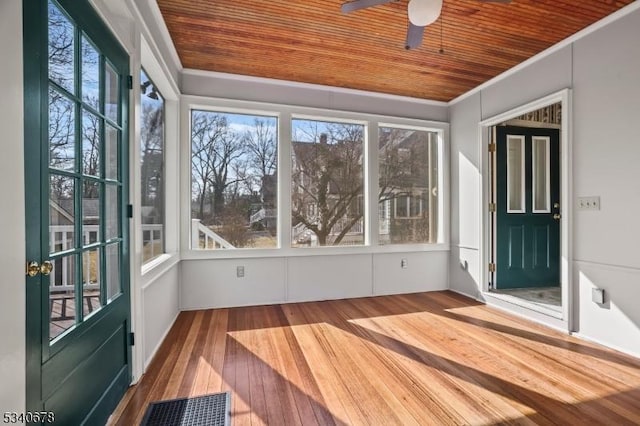 unfurnished sunroom featuring wood ceiling, visible vents, and ceiling fan