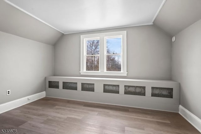 additional living space with lofted ceiling, wood finished floors, and baseboards