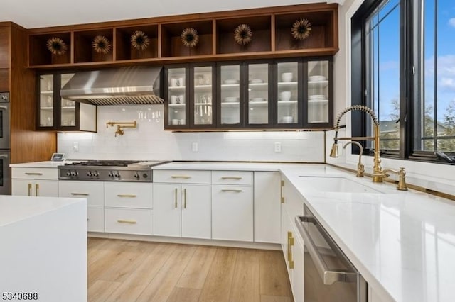 kitchen with appliances with stainless steel finishes, glass insert cabinets, light wood-type flooring, wall chimney range hood, and a sink