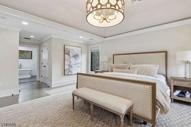 bedroom with baseboards, wood finished floors, crown molding, a notable chandelier, and recessed lighting