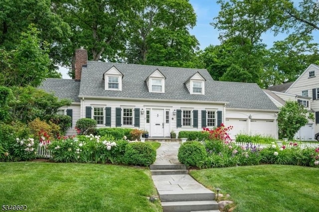 new england style home with a garage, a front lawn, roof with shingles, and a chimney