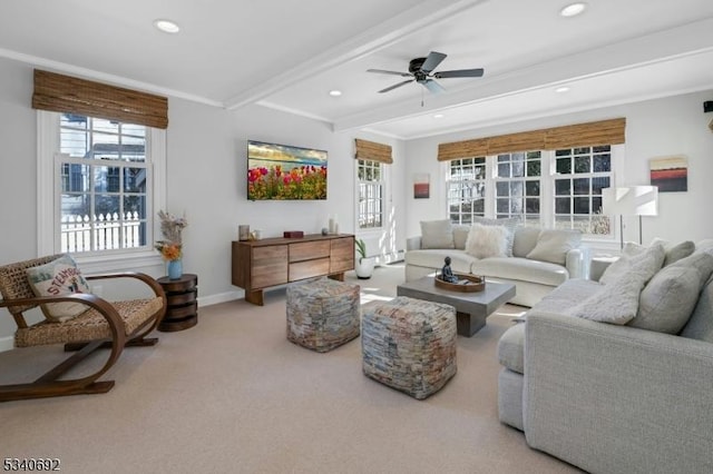 living area featuring recessed lighting, baseboards, ornamental molding, beam ceiling, and carpet