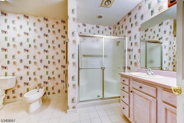 bathroom featuring a stall shower, baseboards, and wallpapered walls