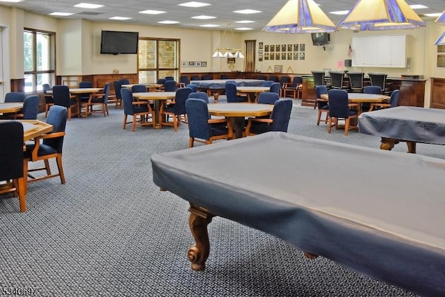 playroom featuring a wainscoted wall, carpet, billiards, and a paneled ceiling