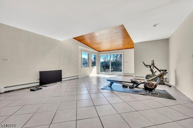 workout area with lofted ceiling, wooden ceiling, light tile patterned floors, and a baseboard heating unit