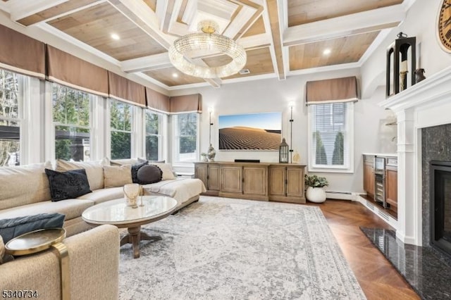 sunroom / solarium featuring baseboard heating, a fireplace, coffered ceiling, and beamed ceiling