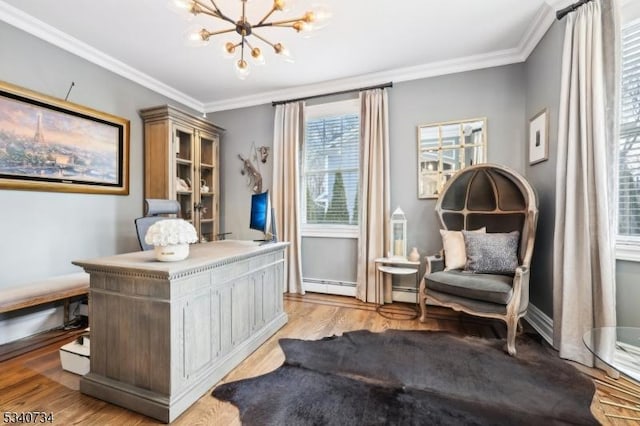 office with baseboards, a baseboard radiator, light wood-style flooring, crown molding, and a notable chandelier