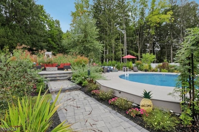 outdoor pool with a patio area and an outdoor living space