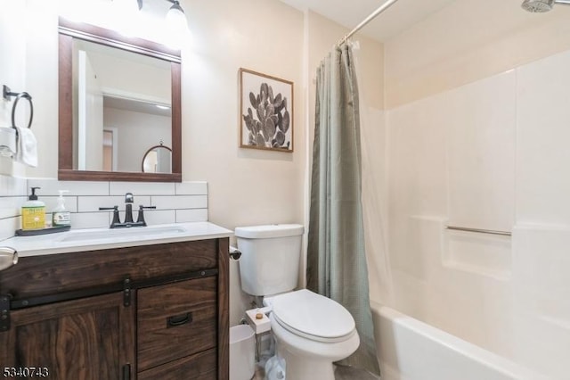 full bathroom with tasteful backsplash, shower / tub combo, vanity, and toilet