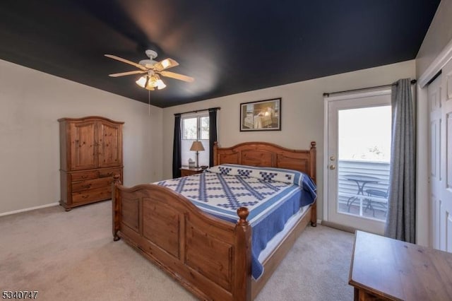 bedroom featuring light carpet, access to outside, a ceiling fan, and baseboards