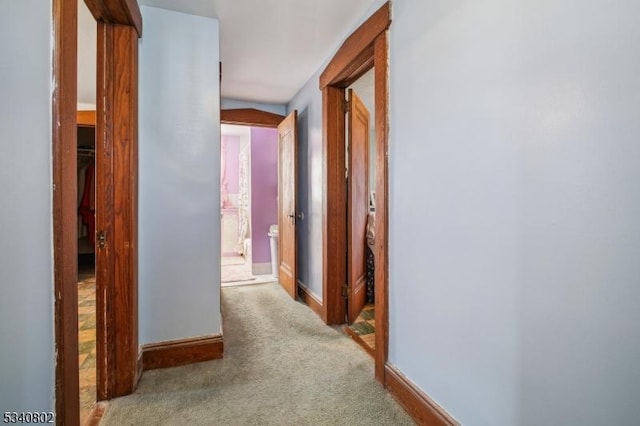 hallway featuring baseboards and carpet floors