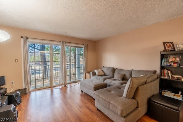 living area featuring a textured ceiling and wood finished floors