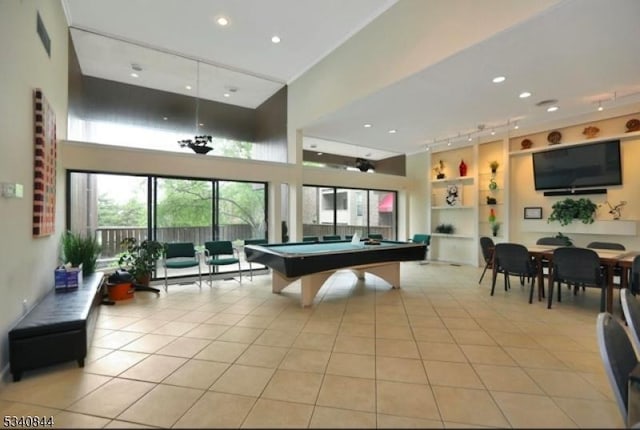 rec room with recessed lighting, billiards, and light tile patterned floors