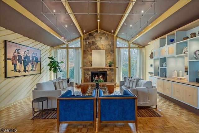 living area featuring a stone fireplace, high vaulted ceiling, a healthy amount of sunlight, and wood walls