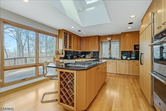 kitchen with dark countertops, a skylight, a healthy amount of sunlight, and stainless steel appliances