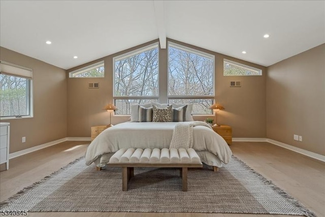 bedroom featuring lofted ceiling with beams, visible vents, baseboards, and recessed lighting