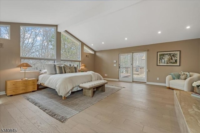 bedroom featuring lofted ceiling with beams, light wood-style flooring, baseboards, and access to exterior