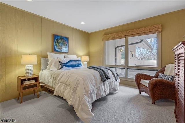 carpeted bedroom with access to exterior and recessed lighting