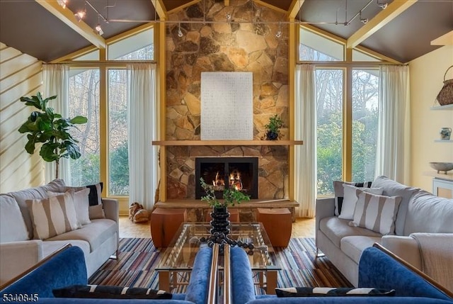 living area with a stone fireplace, wood finished floors, and vaulted ceiling