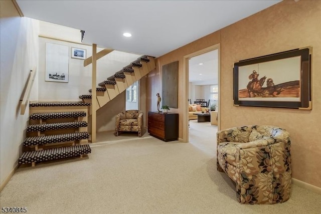 interior space featuring recessed lighting, baseboards, and carpet floors