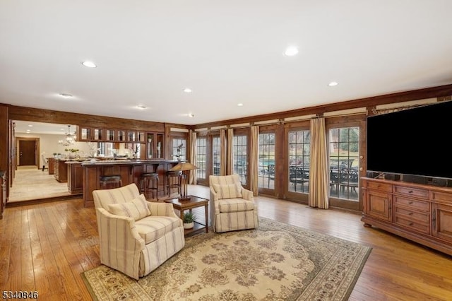 living room featuring recessed lighting and light wood finished floors