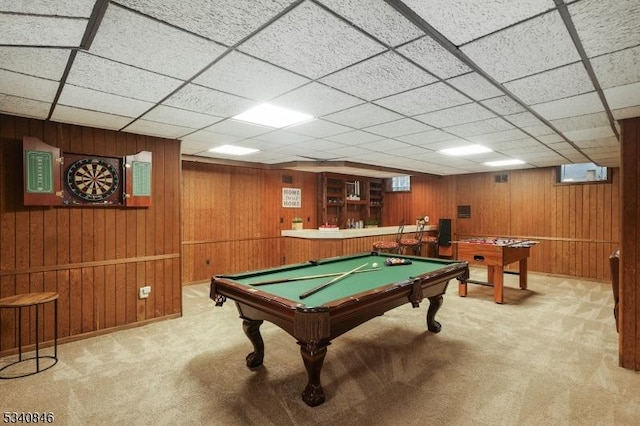 game room with billiards, carpet, and wooden walls