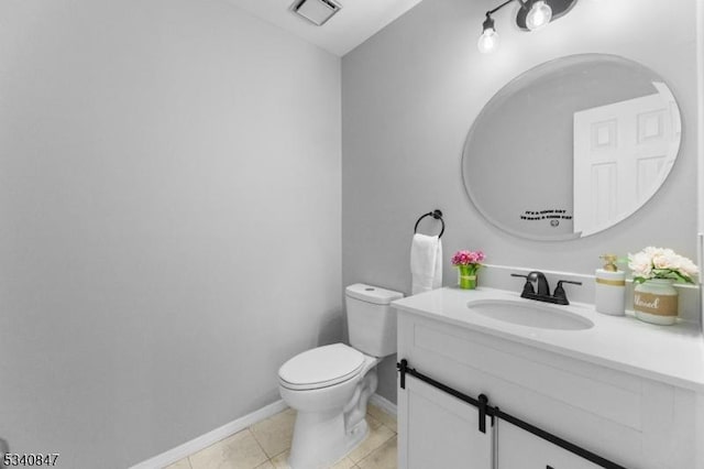 half bath featuring visible vents, baseboards, toilet, tile patterned flooring, and vanity