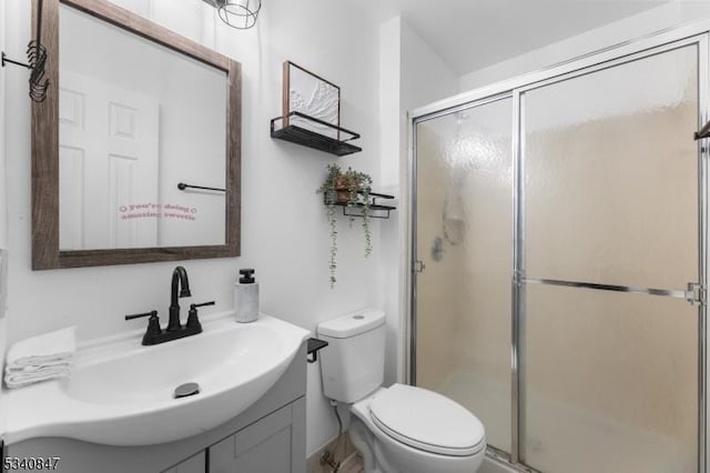 full bathroom with a stall shower, vanity, and toilet