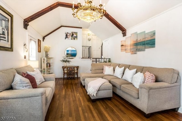 living area featuring lofted ceiling with beams, a chandelier, and wood finished floors