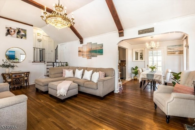 living area with a chandelier, lofted ceiling with beams, arched walkways, and dark wood-style floors