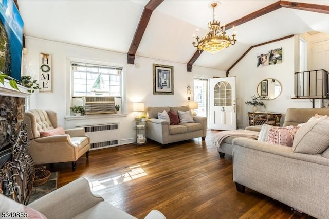 living room with radiator, dark wood-style flooring, beamed ceiling, an inviting chandelier, and cooling unit