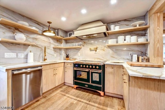 kitchen with premium range hood, light brown cabinets, open shelves, and stainless steel dishwasher