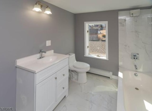 full bathroom featuring toilet, vanity, baseboards, marble finish floor, and baseboard heating