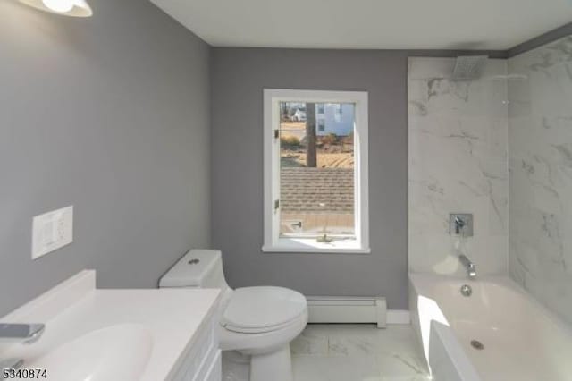 full bathroom featuring baseboards, toilet, marble finish floor, vanity, and a baseboard heating unit