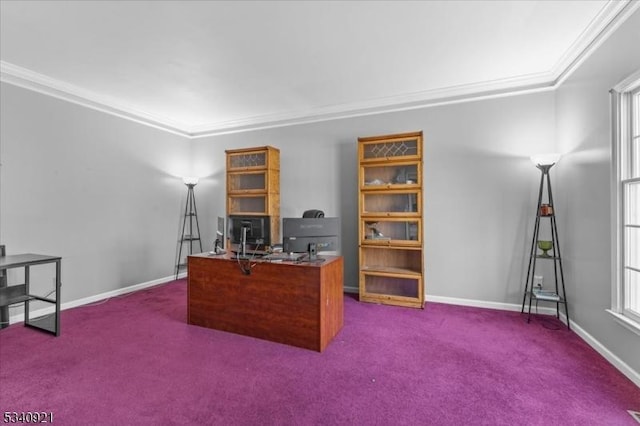 office area featuring baseboards, ornamental molding, and dark carpet