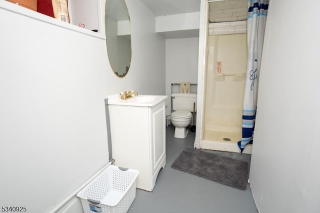 full bath with finished concrete floors, a shower stall, toilet, and vanity