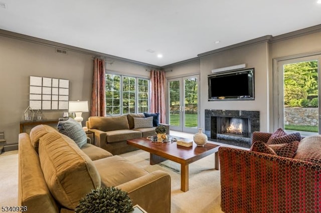 35 Geiger Ln, Warren Twp, NJ 07059 - living area with ornamental molding, a premium fireplace, and recessed lighting