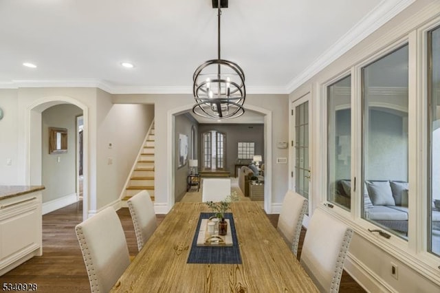 35 Geiger Ln, Warren Twp, NJ 07059 - dining space with arched walkways, a chandelier, stairway, wood finished floors, and ornamental molding