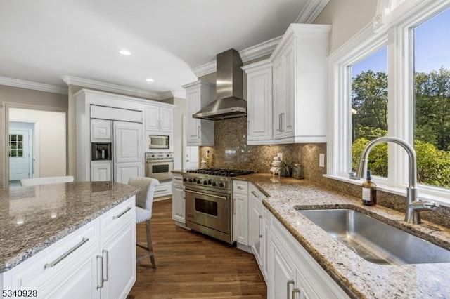 35 Geiger Ln, Warren Twp, NJ 07059 - kitchen with wall chimney range hood, a sink, built in appliances, plenty of natural light, and ornamental molding