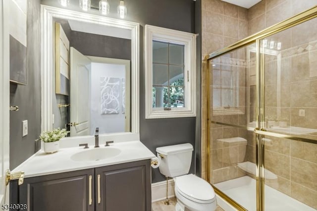 35 Geiger Ln, Warren Twp, NJ 07059 - full bathroom with toilet, vanity, a shower stall, and baseboards