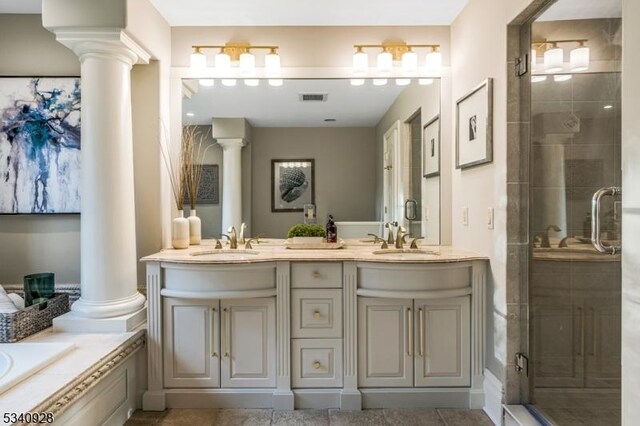 35 Geiger Ln, Warren Twp, NJ 07059 - full bathroom with decorative columns, a shower stall, double vanity, and a bath