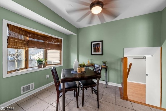 dining room with baseboards, visible vents, a ceiling fan, and light tile patterned flooring