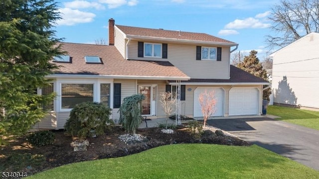 traditional home featuring a shingled roof, driveway, a chimney, and a front lawn