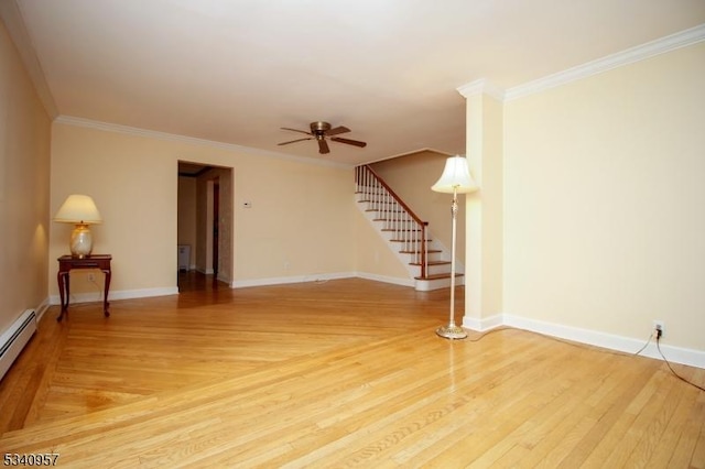 unfurnished living room featuring stairs, ornamental molding, and baseboards