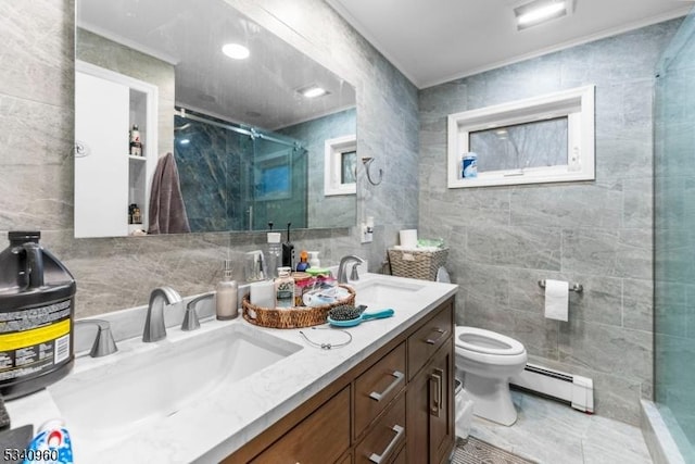 full bathroom with a baseboard radiator, tile walls, a sink, and a shower stall