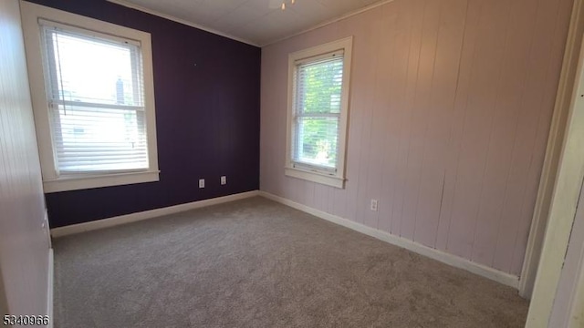 carpeted empty room with baseboards, ornamental molding, and wooden walls