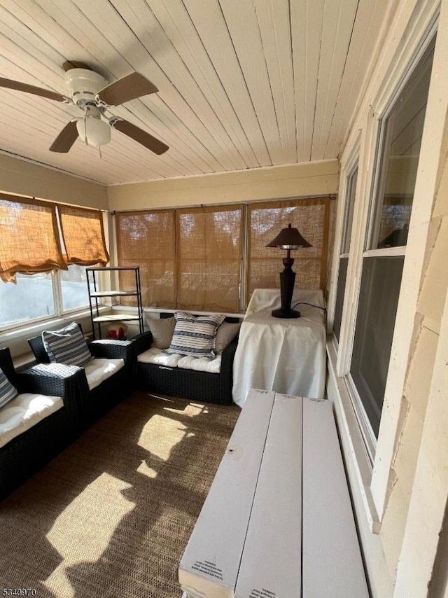 sunroom featuring wooden ceiling and ceiling fan