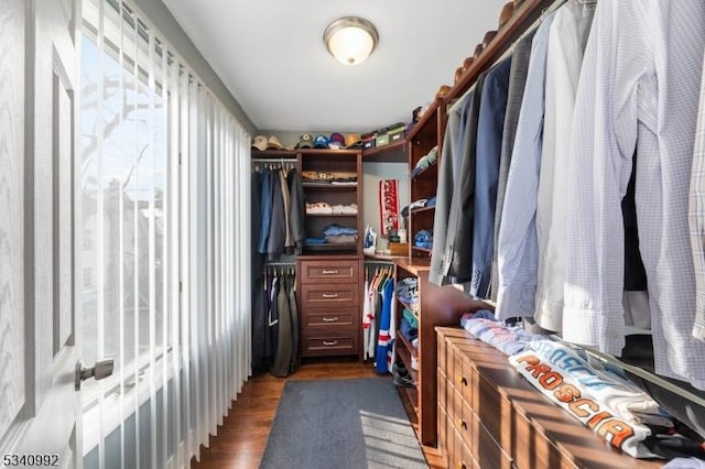 walk in closet featuring dark wood-type flooring