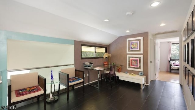 office featuring lofted ceiling, a healthy amount of sunlight, and recessed lighting